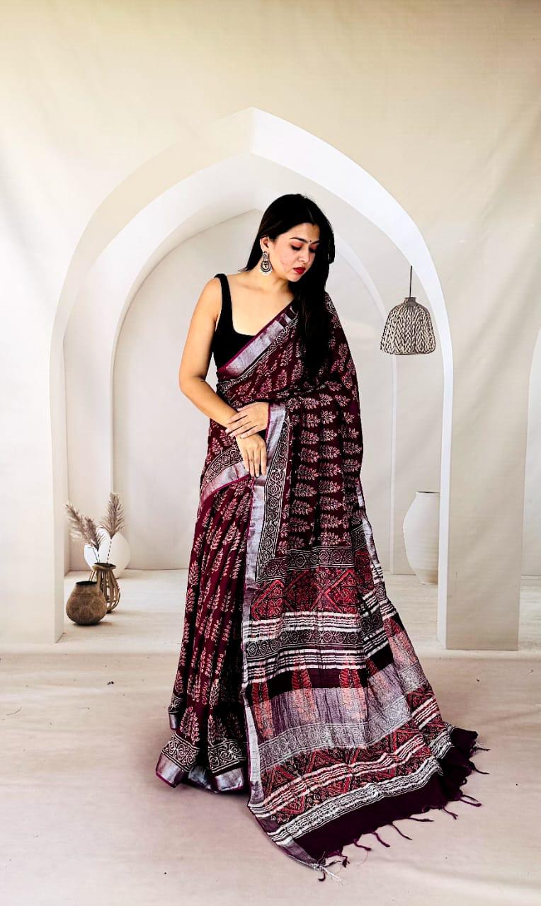 Artisan Made Bagru Linen Saree