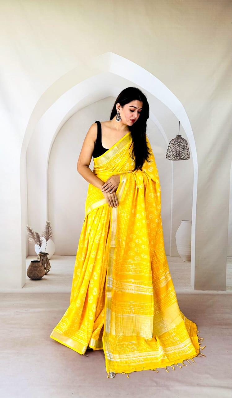 Yellow Classic Bagru Print Pure Linen Saree