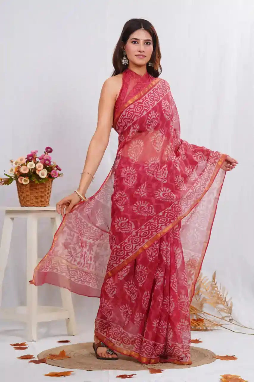Handcrafted Bagru Hand Block Printed Kota Saree