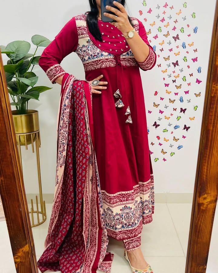 Jaipur Print Cotton Kurti Set with Mulmul Dupatta
