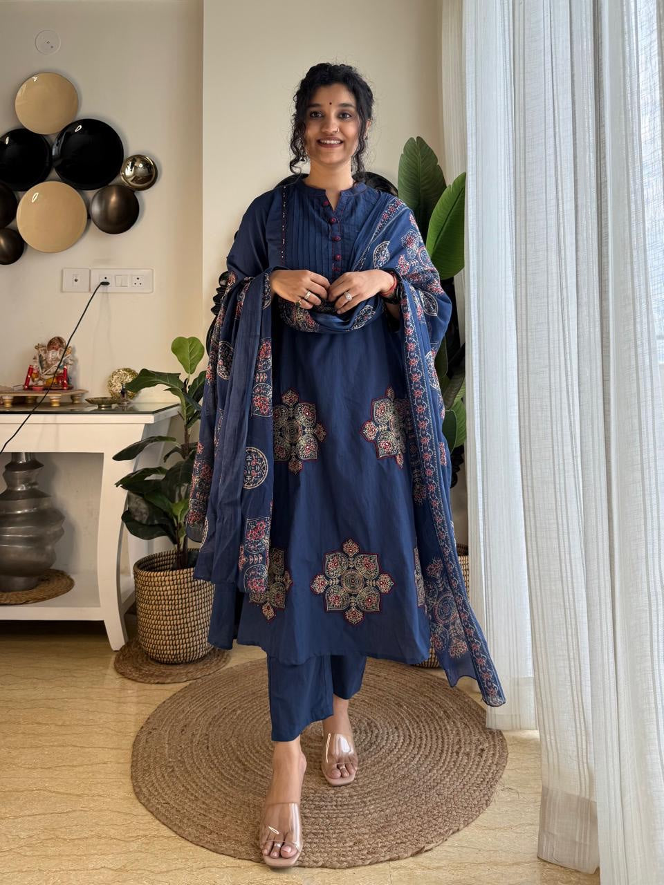 Pure Cotton With Pech work in kurta & sleeves.A-Line kurta Pant And Dupatta Set