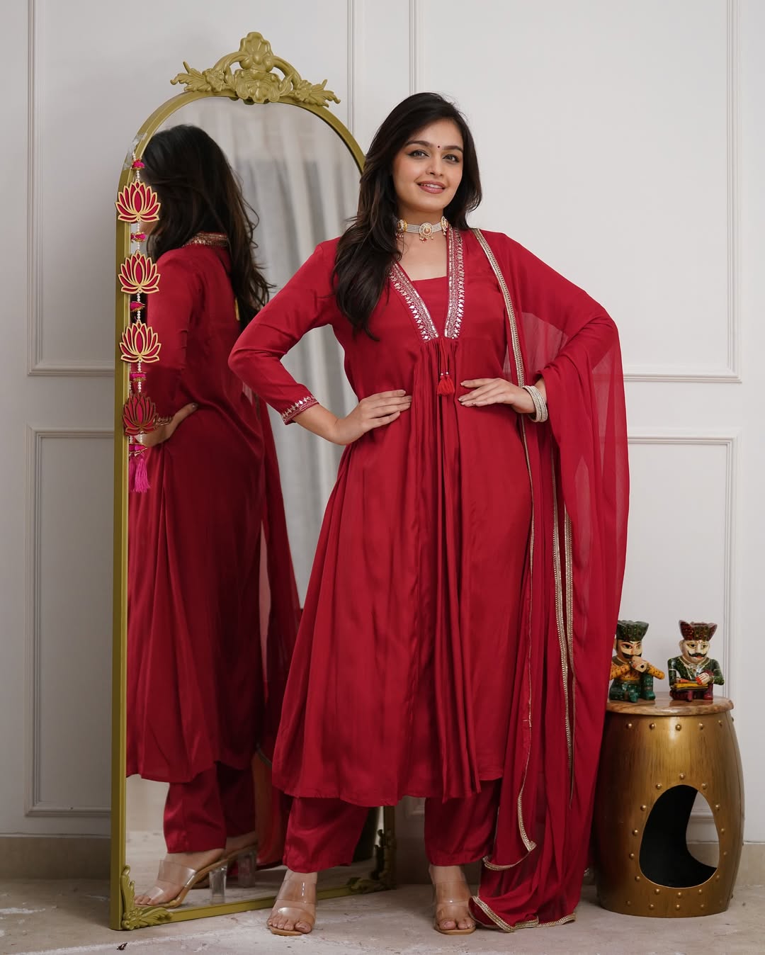Cotton Red EMBROIDERY WORK ALL OVER KURTI