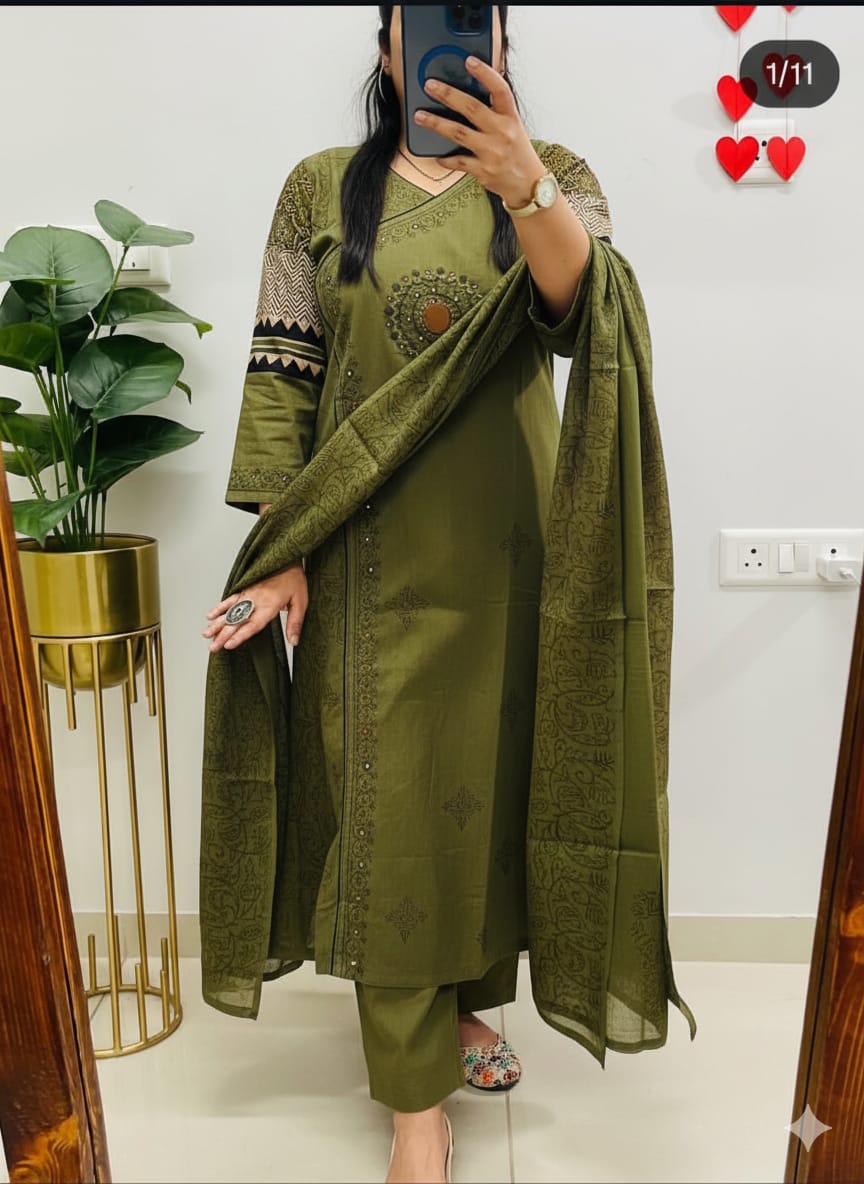 olive green cotton kurti set featuring intricate mirror work