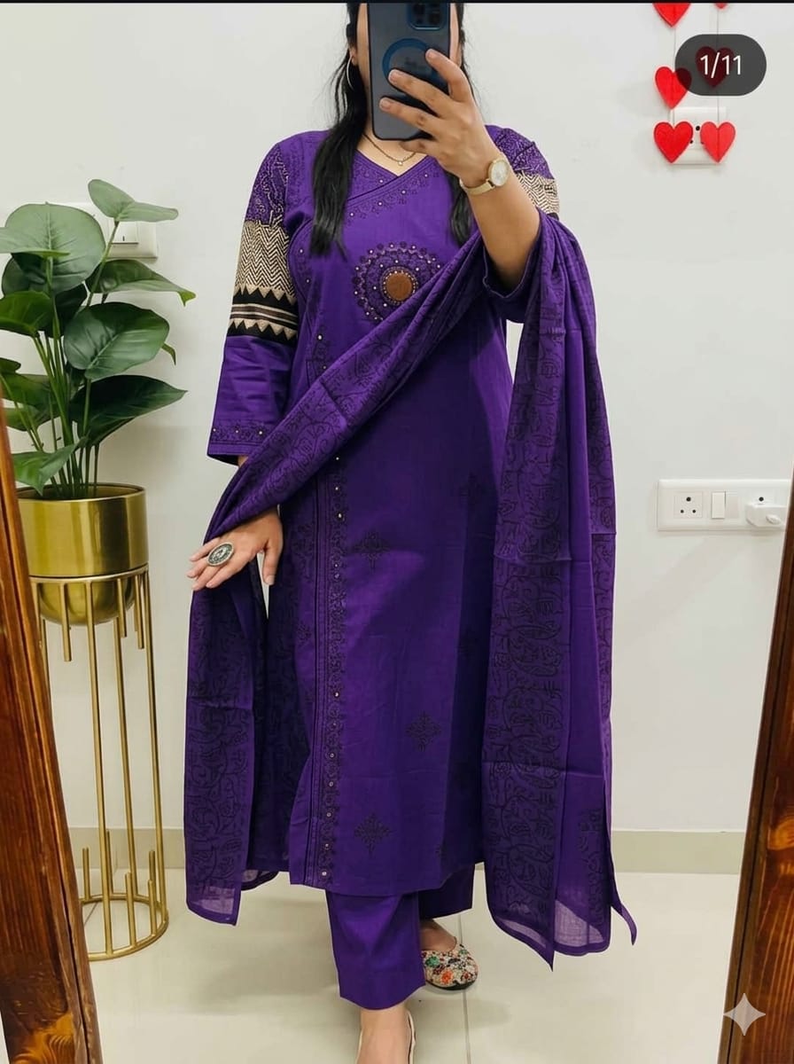 purple cotton Angrakha style suit with dabu print, mirror work