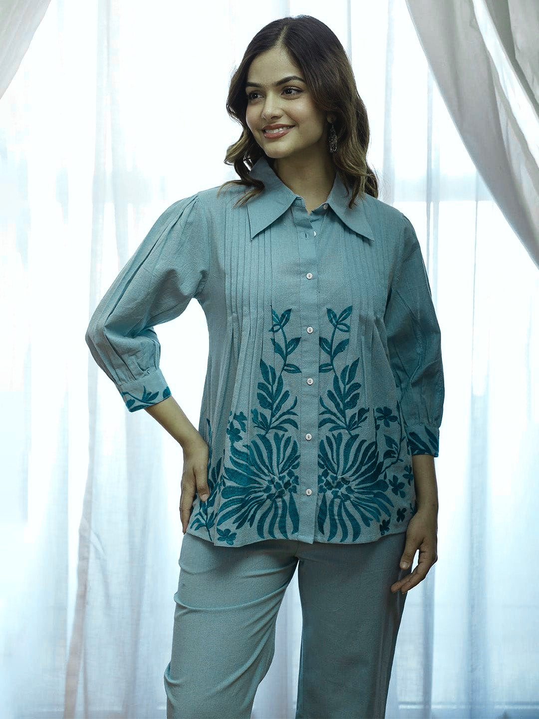Aadews Stetson Embroidered Pure Cotton Co-ord Set in blue