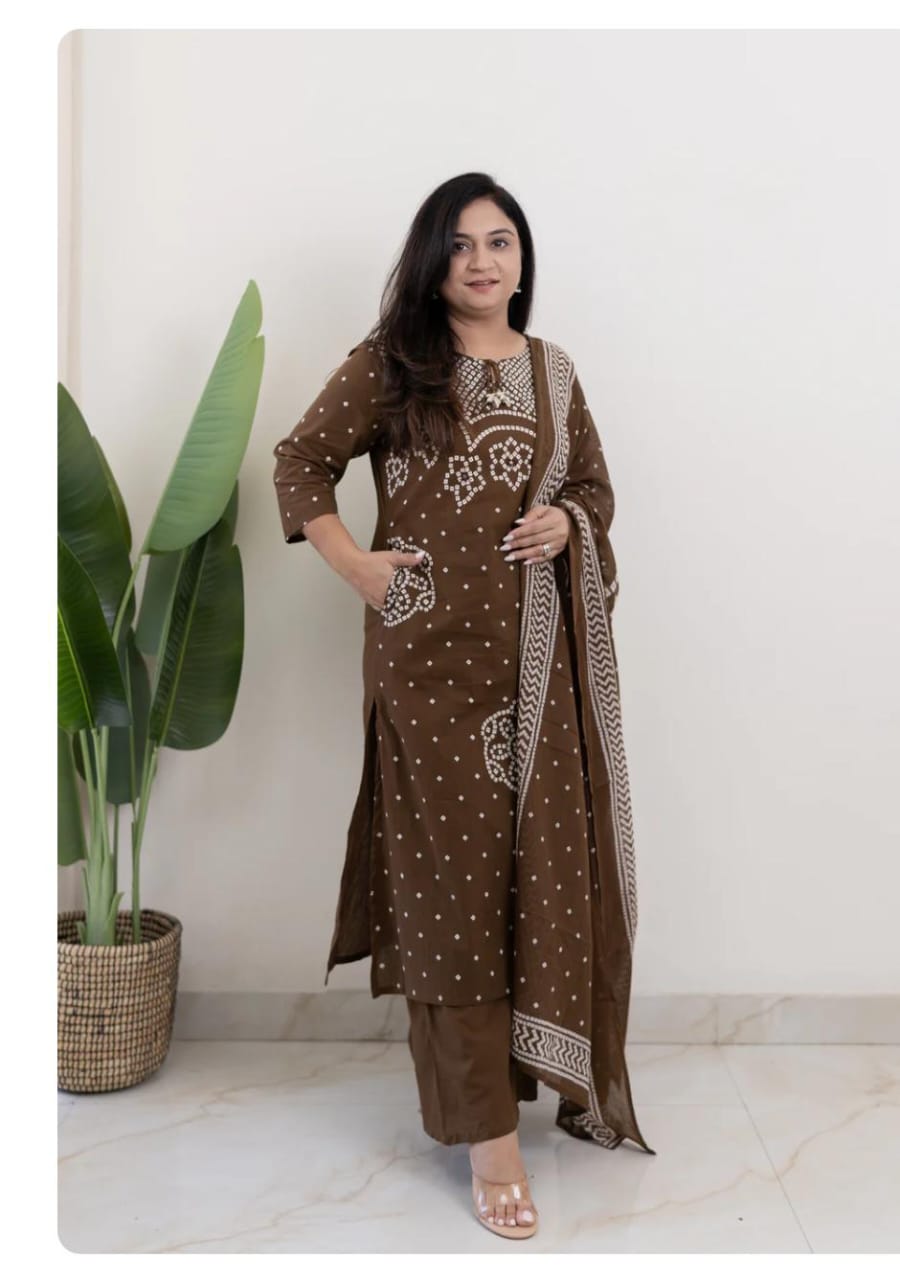 brown cotton Bandhani straight pant set
