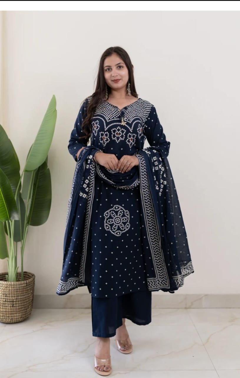 Mishi Navy Blue Cotton Bandhani Straight Dupatta Set