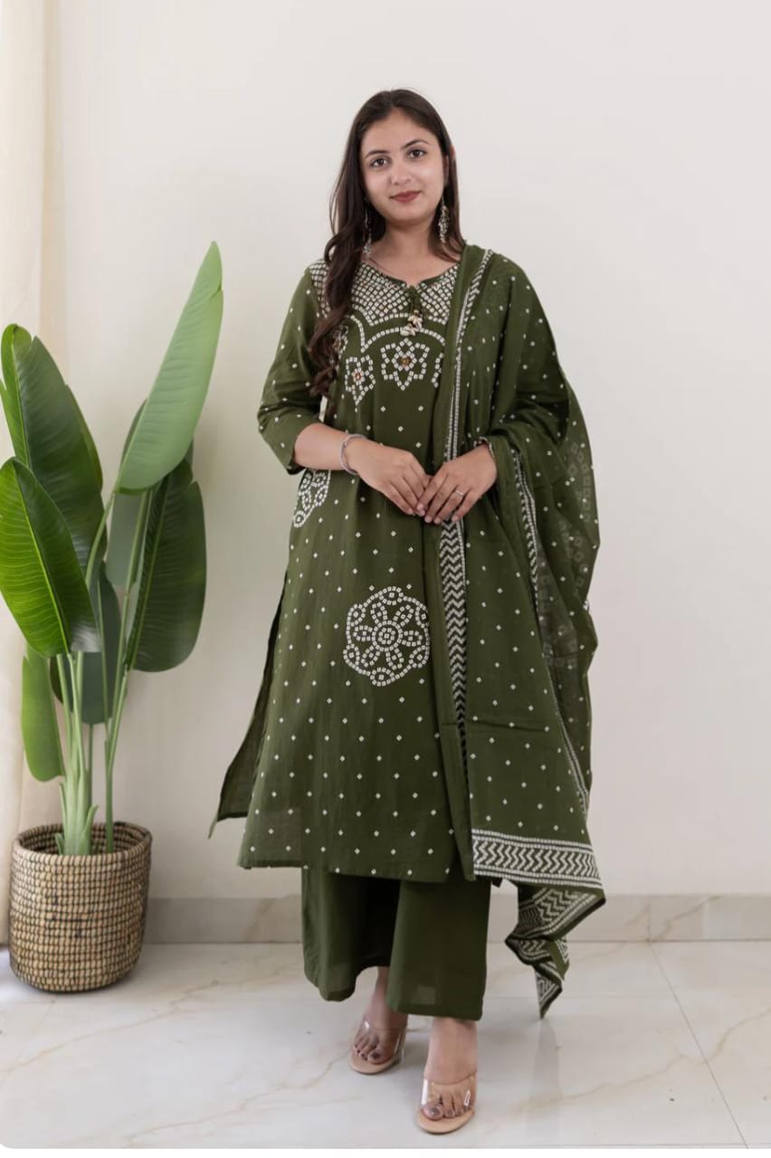 green Bandhani printed cotton kurta set with a dupatta