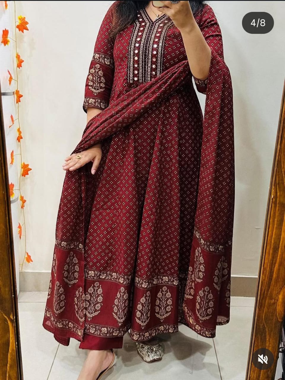 maroon rayon printed Anarkali kurta set with a matching dupatta