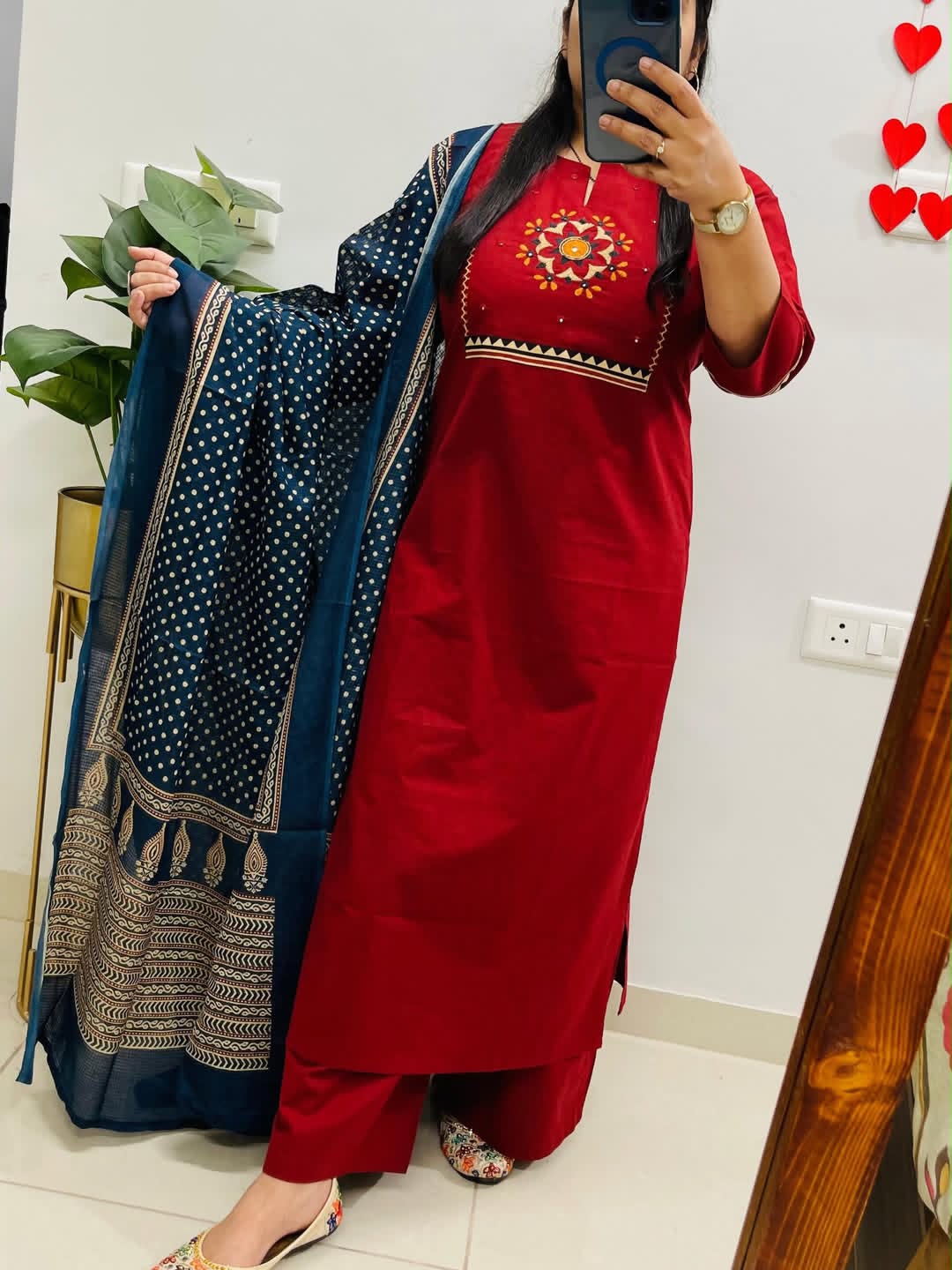 maroon cotton embroidered kurta set featuring a V-neckline