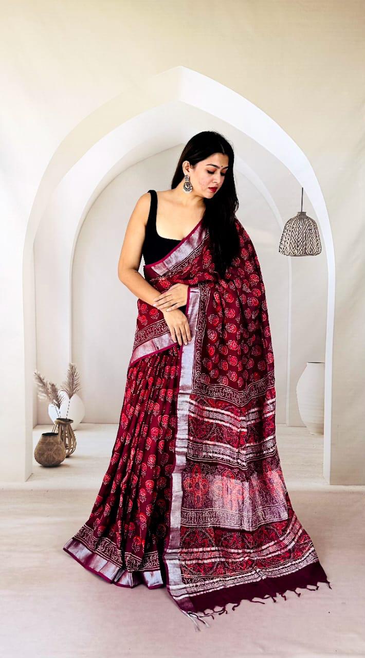 Bagru Handcrafted Linen Saree – Natural Dye - bagru saree suit
