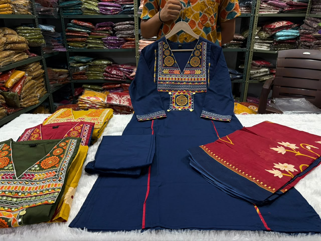 navy blue cotton kurta set with matching pants or dupattas