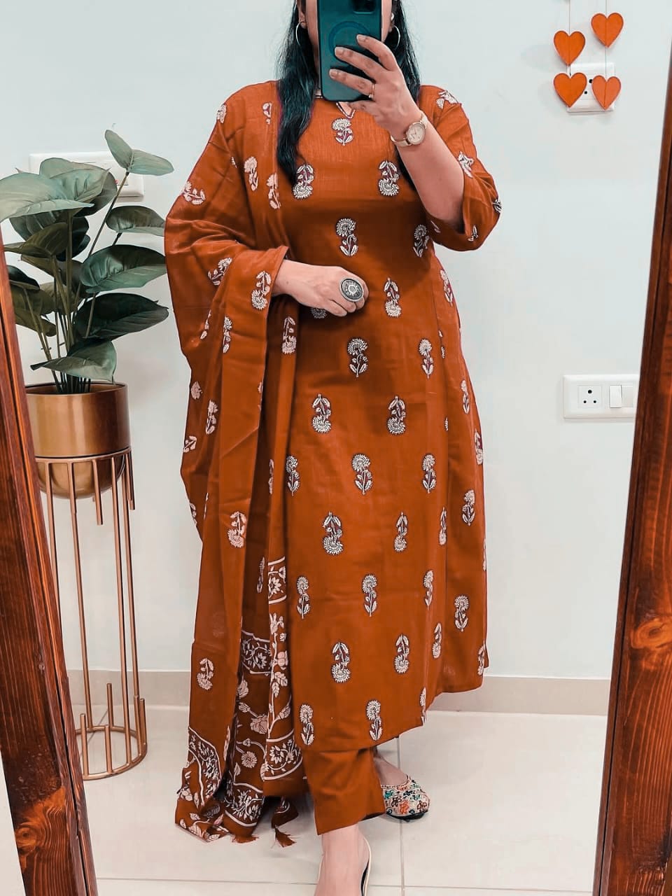 red cotton kurta set with block print dupatta