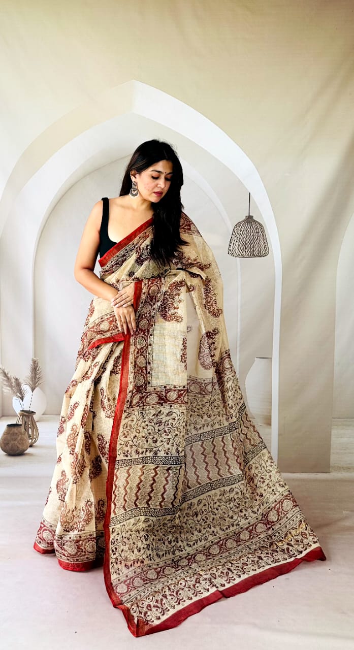Kota Doria Saree with Traditional Indian Print