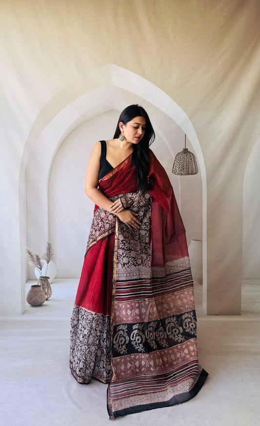 Kota Doria Cotton Saree with Handcrafted Prints