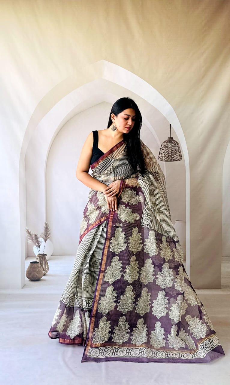 Traditional Kota Doria Saree with Hand Block Print