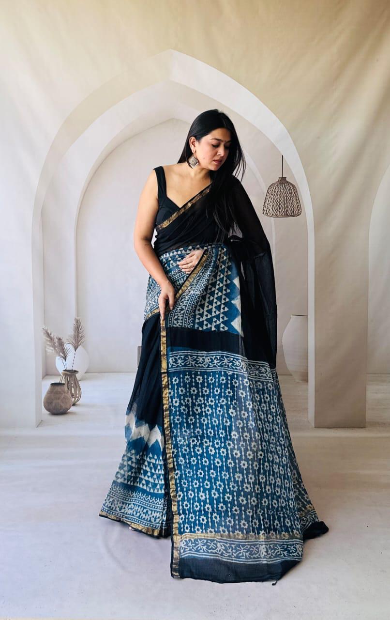 Kota Doria Saree with All Over Hand Block Print
