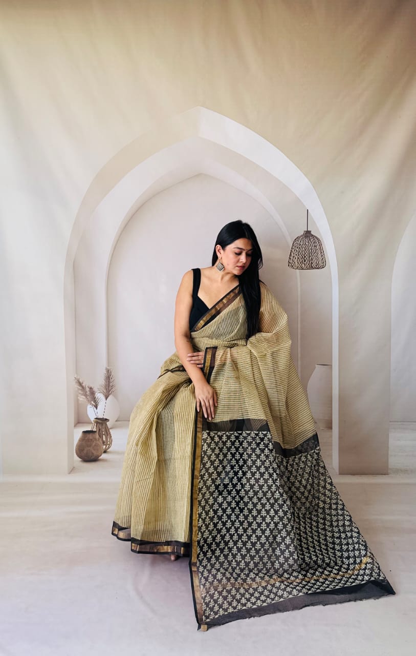 Kota Doria Saree with Hand Printed Floral Motifs