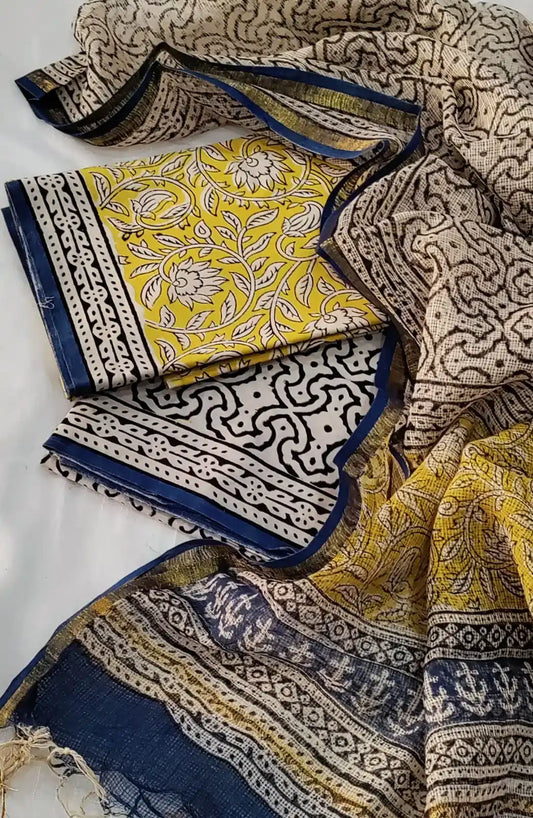 Patterned fabric with blue, yellow, and white design on a white background