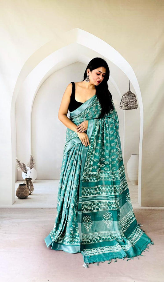 Authentic Bagru Block Print Linen Saree