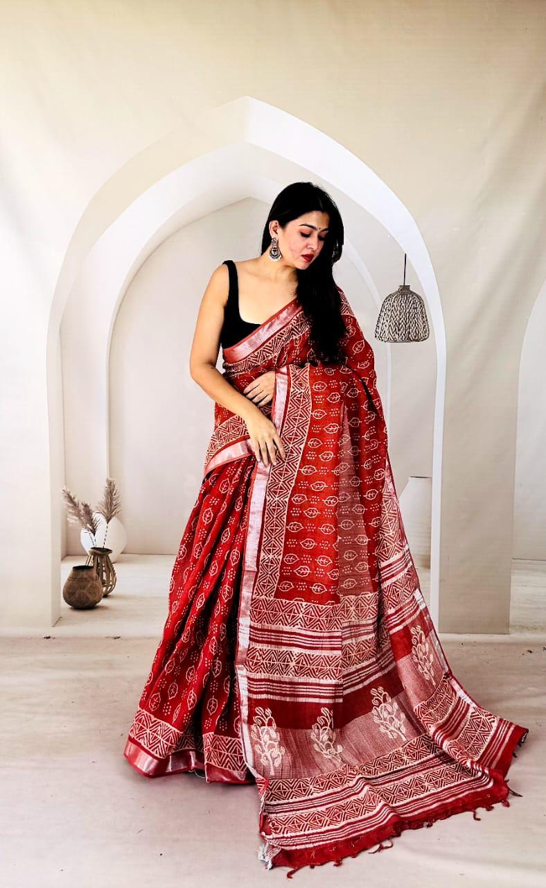 Hand Block Printed Linen Saree – Bagru Craft