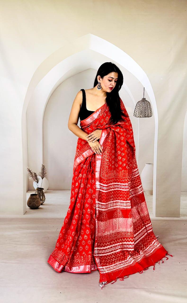 Natural Dyed Bagru Linen Saree