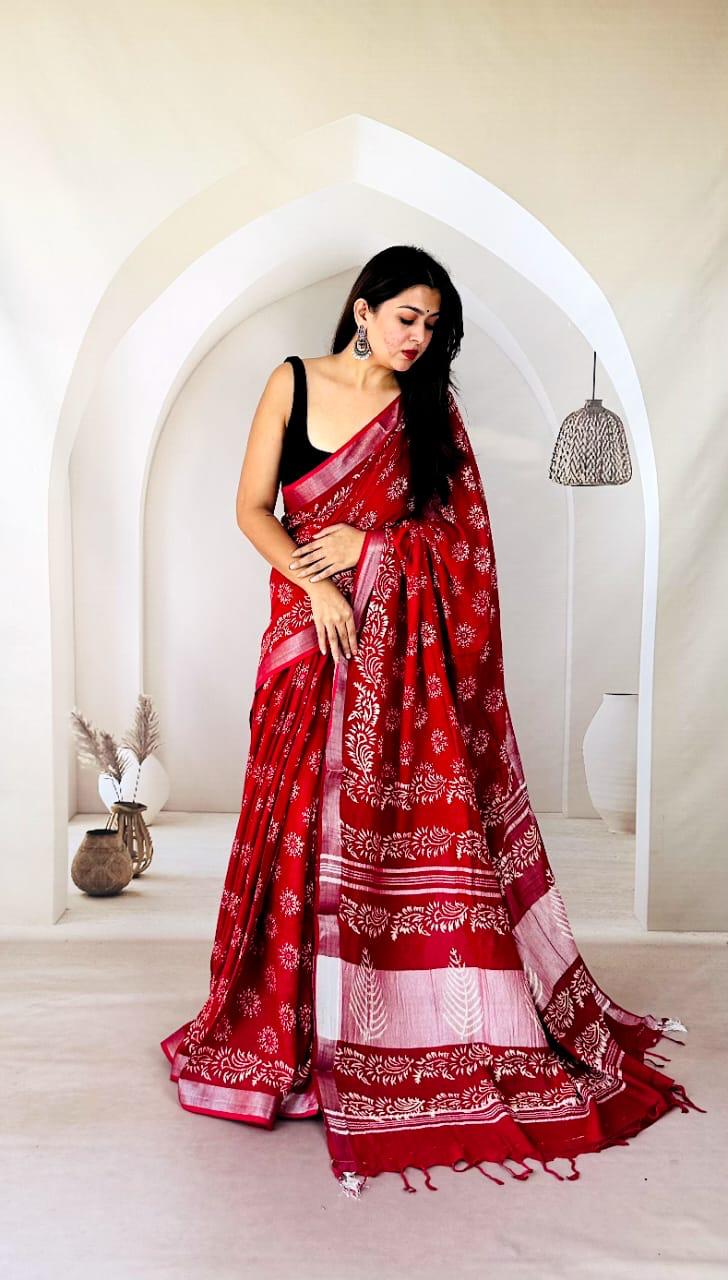 Sustainable Bagru Print Linen Saree