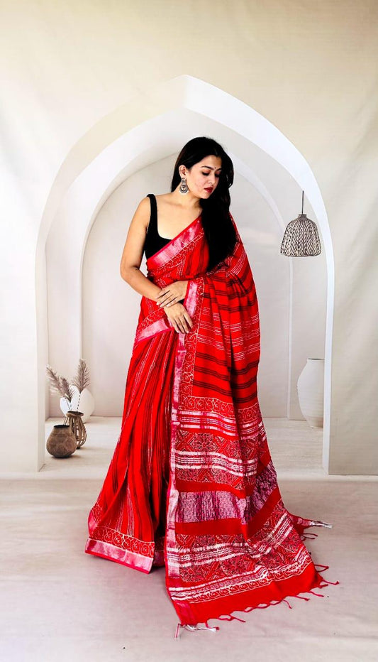 Bagru Heritage Print Linen Saree