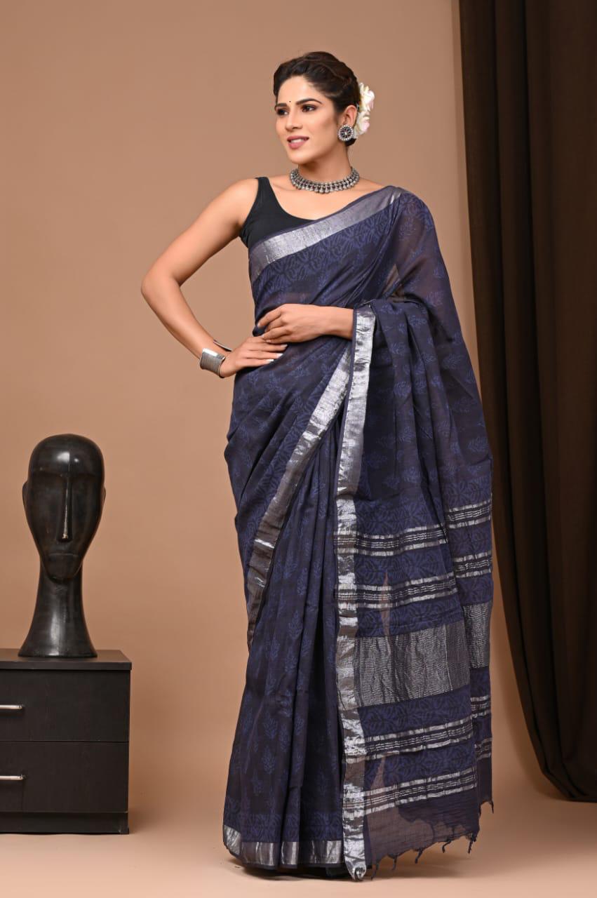Handwoven Linen Saree with Bagru Prints