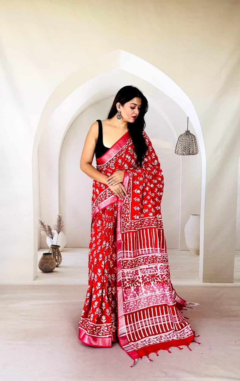 Premium Linen Saree – Bagru Hand Block Art