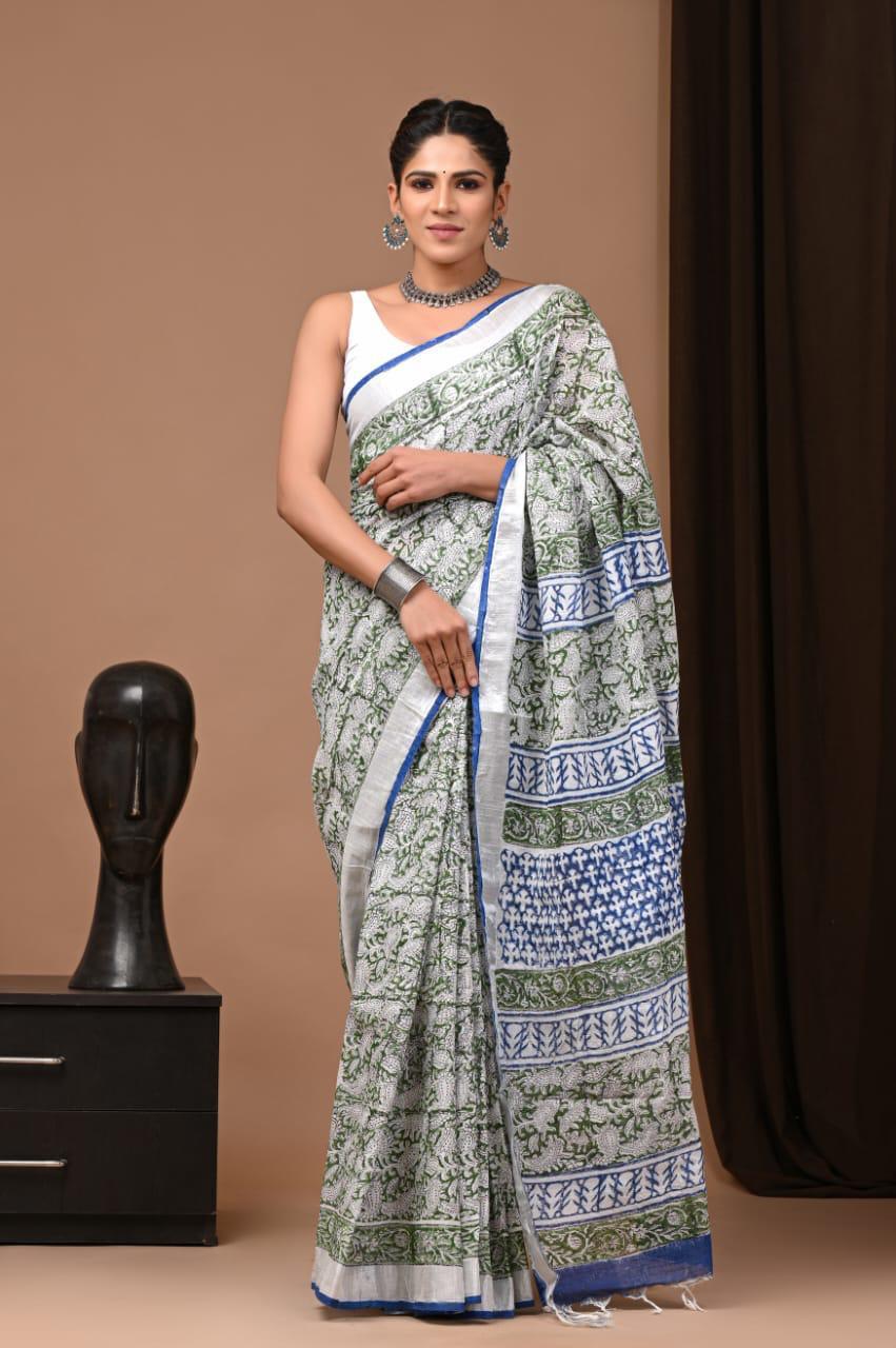Bagru Block Print Linen Saree – Timeless Craft