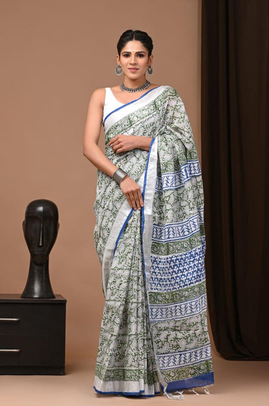 Bagru Block Print Linen Saree – Timeless Craft