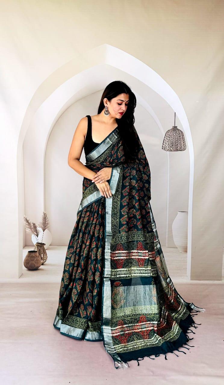 Bagru Motif Hand Block Linen Saree