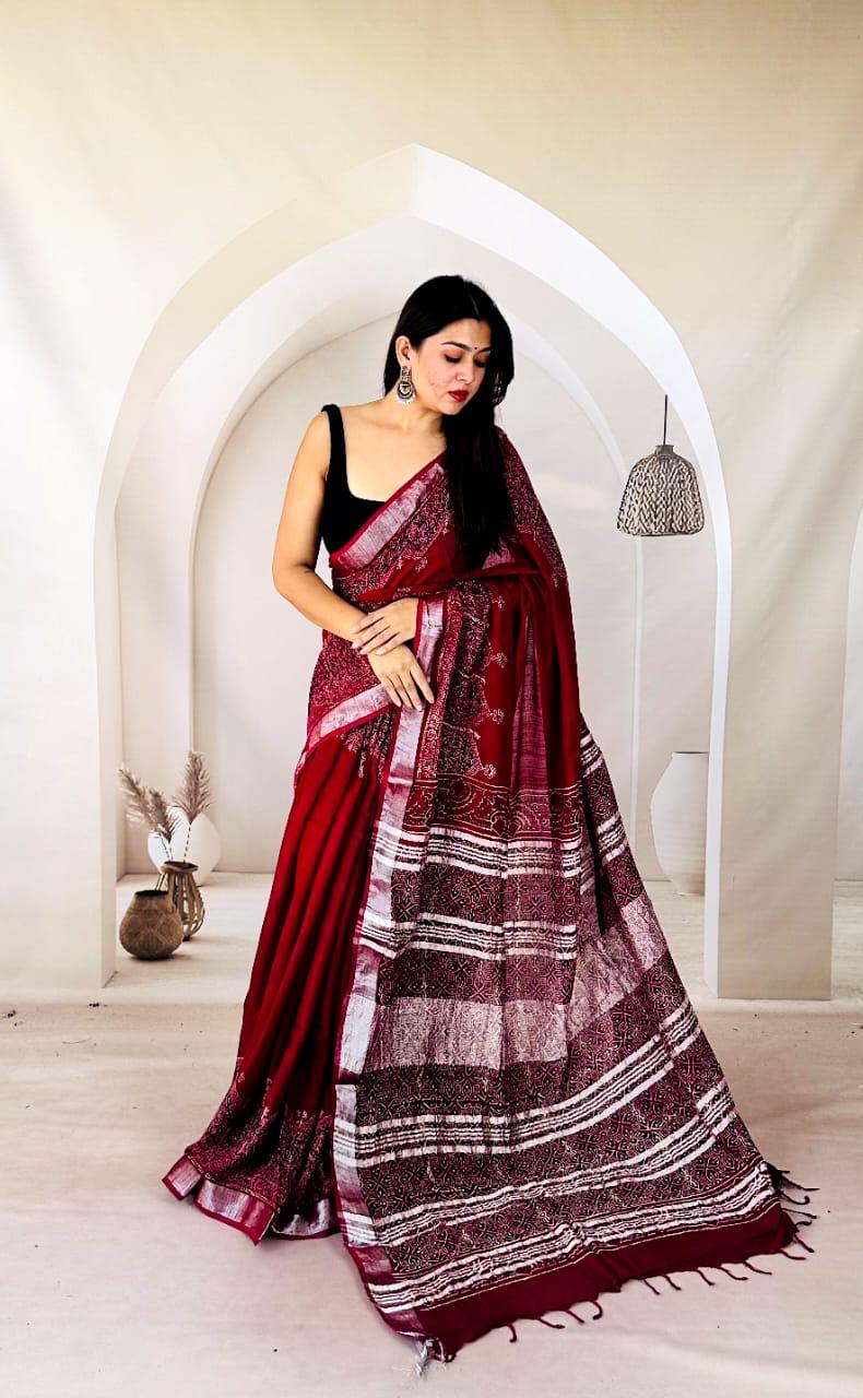 Bagru Hand Print Linen Saree – Soft & Breathable