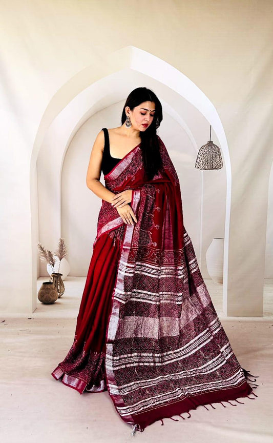 Bagru Hand Print Linen Saree – Soft & Breathable