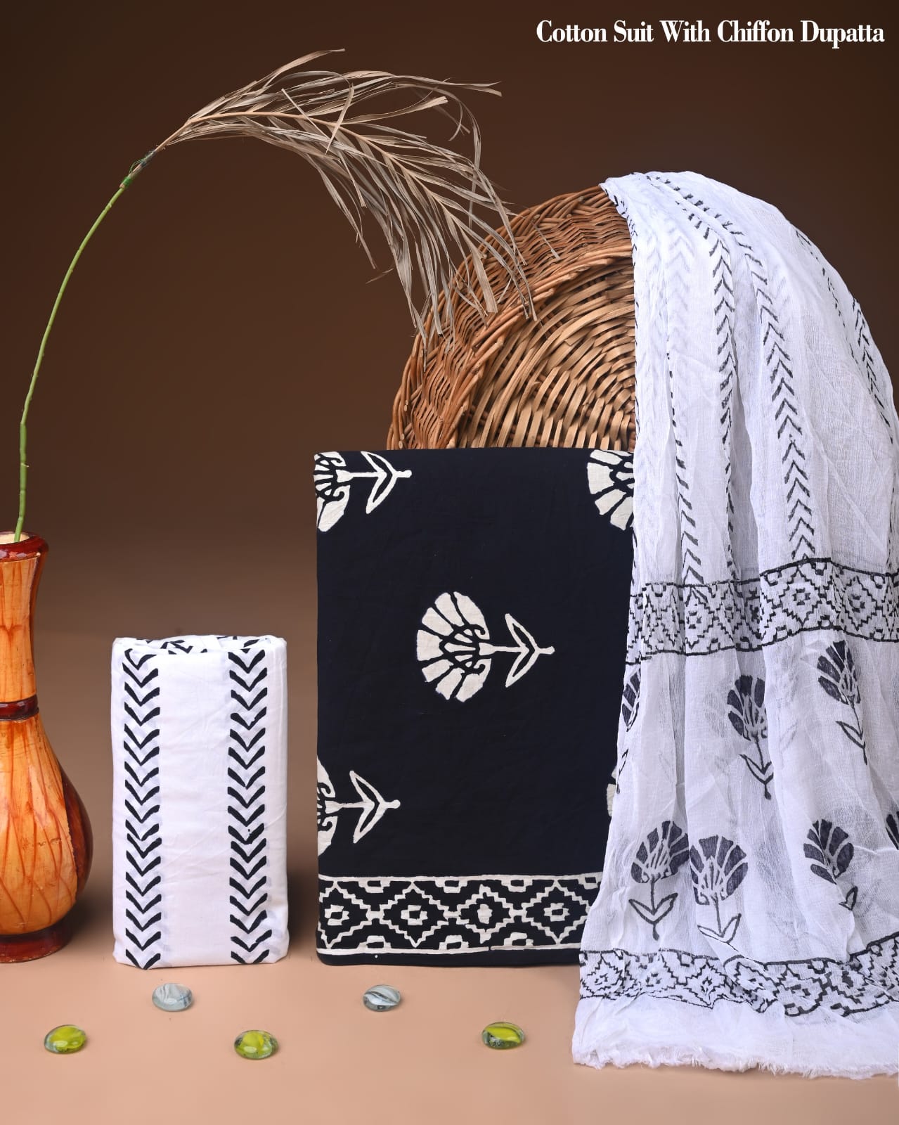 New Hand Block Printed Cotton Suit with Chiffon Dupatta