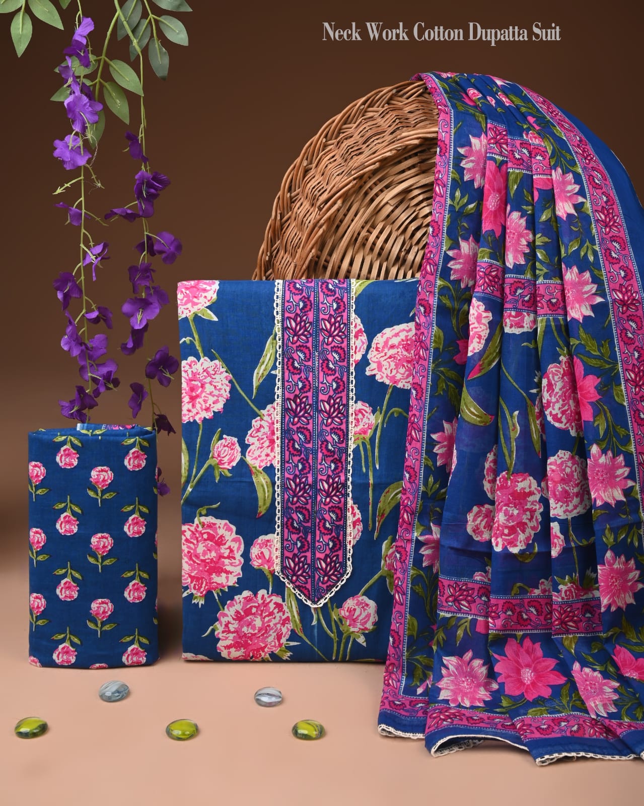 New Arrival Cotton Suit with Stitched Neck Gota Work