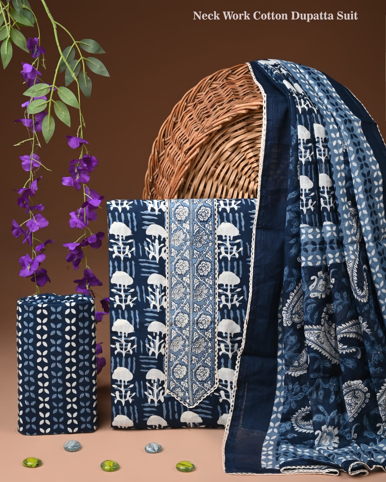 Cotton Suit Set with Stitched Neck & Gota Border