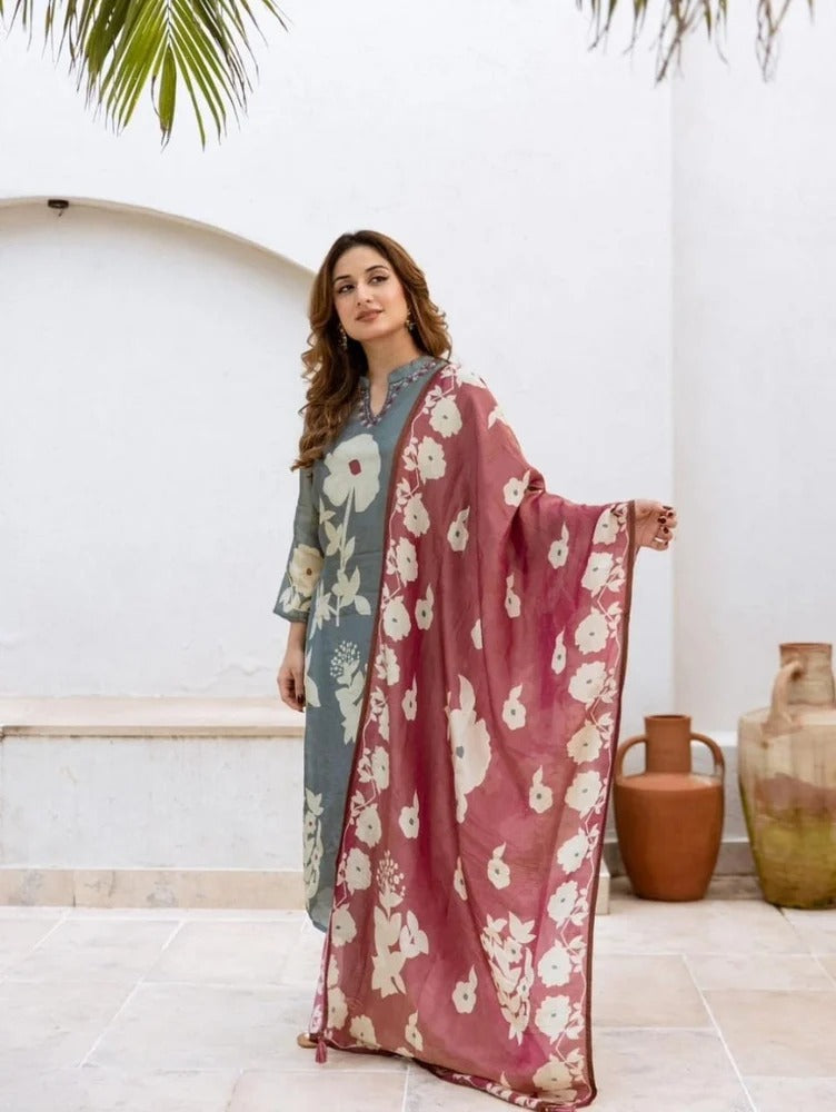Designer Embroidered Cotton Kurta Set with Mul Dupatta