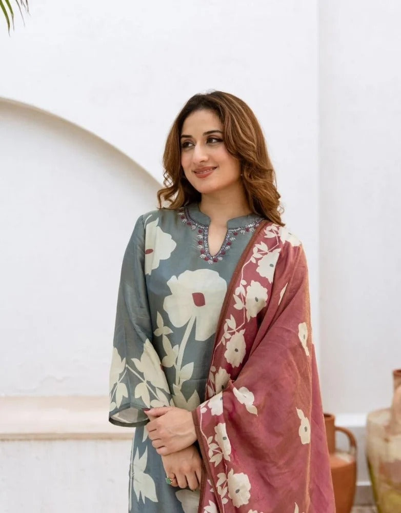 Designer Embroidered Cotton Kurta Set with Mul Dupatta