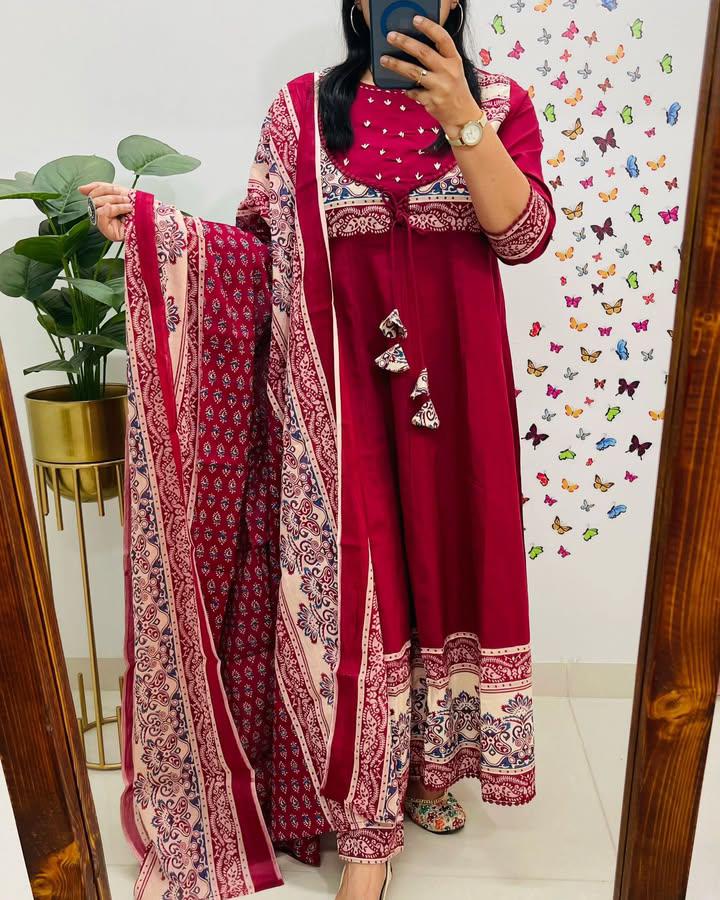 Jaipur Print Cotton Kurti Set with Mulmul Dupatta