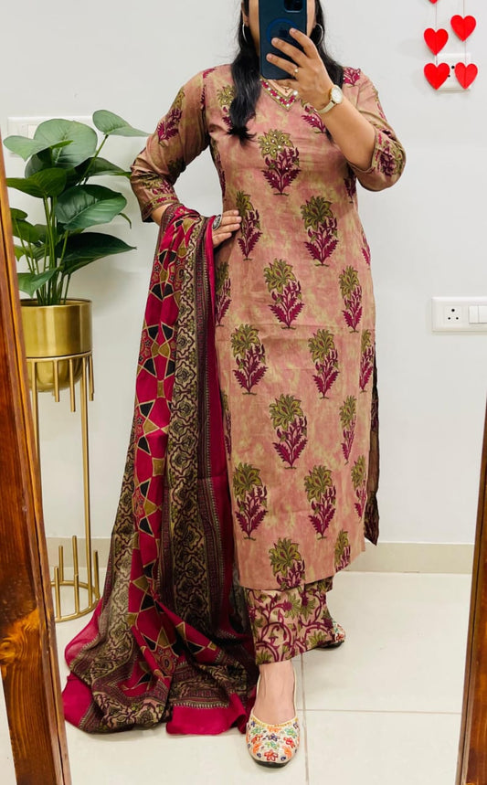Person wearing a patterned outfit with a red dupatta, standing in a room with a plant and wall socket.