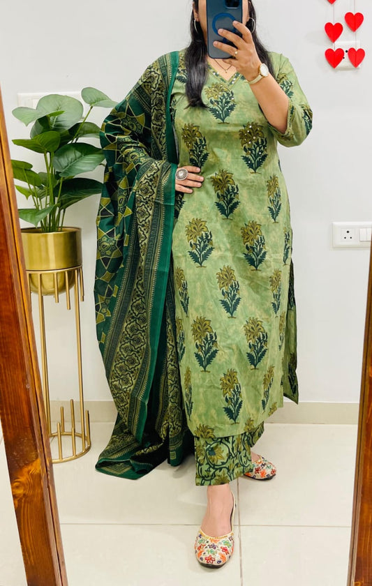 New Green Jaipur Pure Cotton Kurti Pant Set With Dupatta