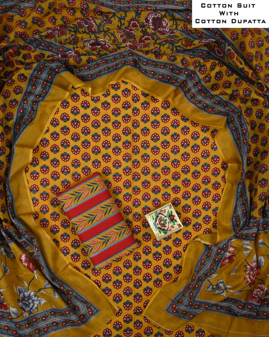 Cotton suit with a yellow dupatta featuring floral patterns on a matching fabric background.