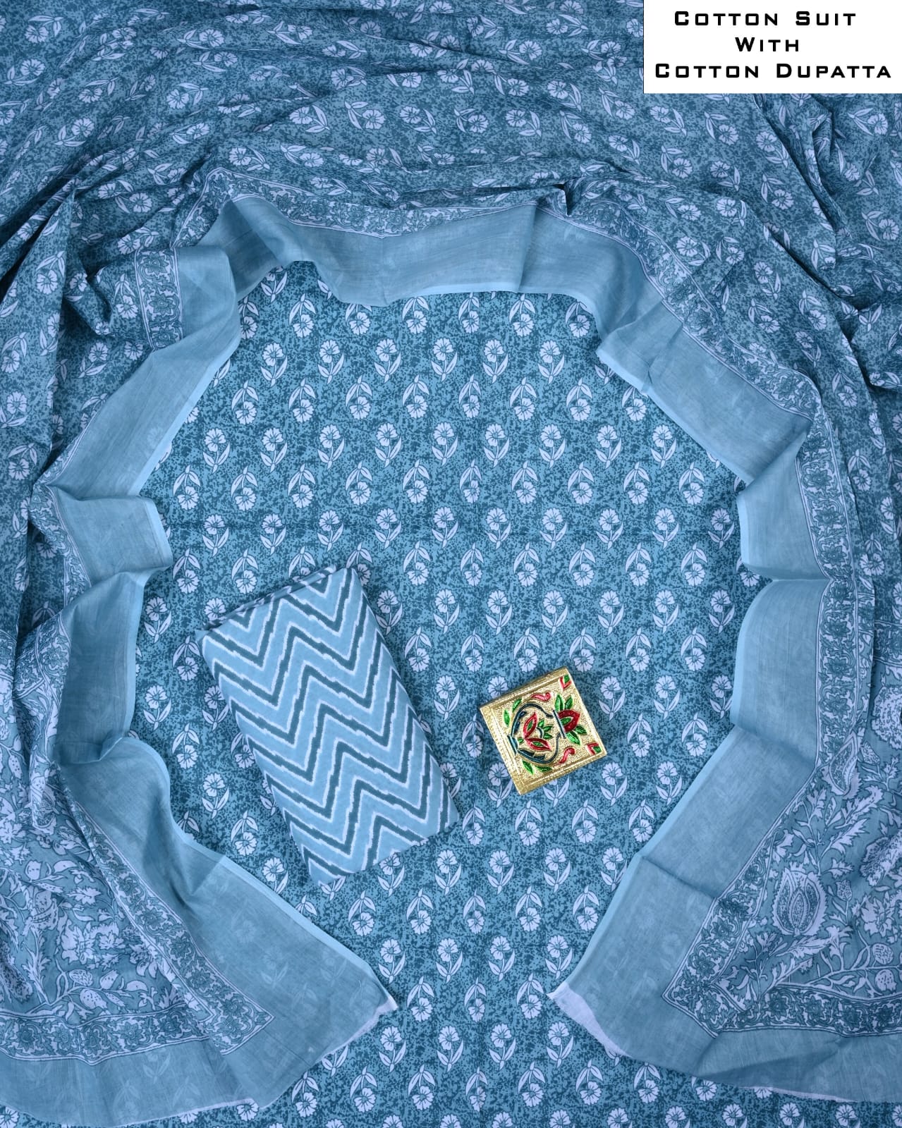 Blue patterned cotton suit with matching dupatta, displayed in a circular arrangement.