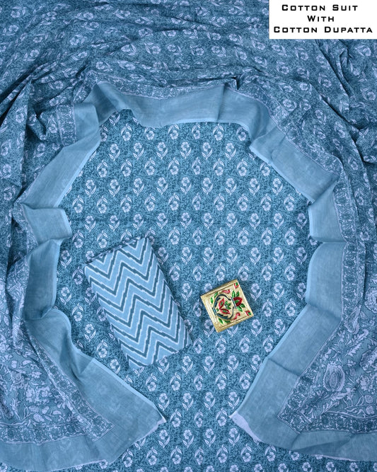 Blue patterned cotton suit with matching dupatta, displayed in a circular arrangement.