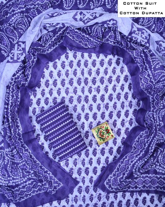 Cotton suit with a matching dupatta featuring intricate patterns on a blue and white background.