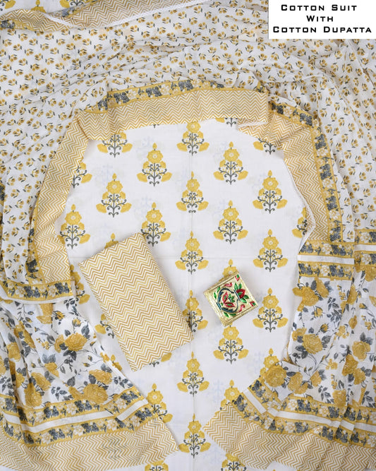 Cotton suit with floral patterns and a matching dupatta on a white background.