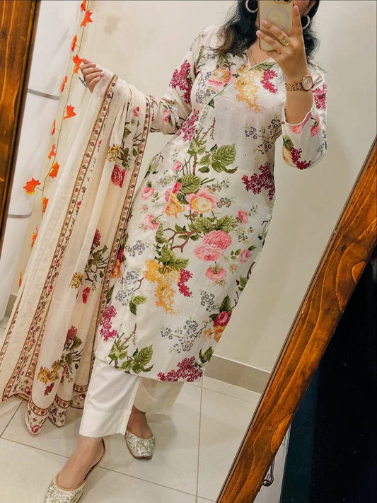 Pure Cotton printed kurti with pant and mulmul printed dupatta