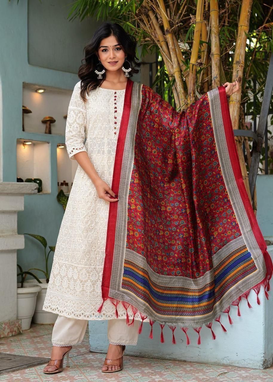 Pure Chikankari Anarkali kurti with pant and silk chanderi digital Print dupatta set